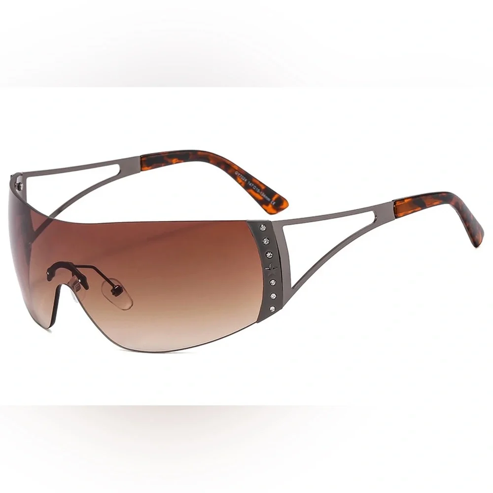 NEW PrettyLittleThing Brown Y2K Curved Visor Glasses - Picture 3 of 10